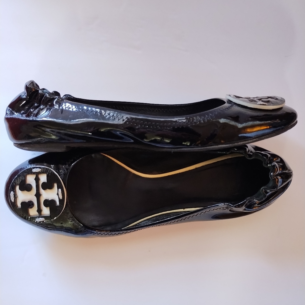 Tory Burch Reva Ballet Slip-On Flats Black Contrast Patent Leather Size 8 - Picture 10 of 16